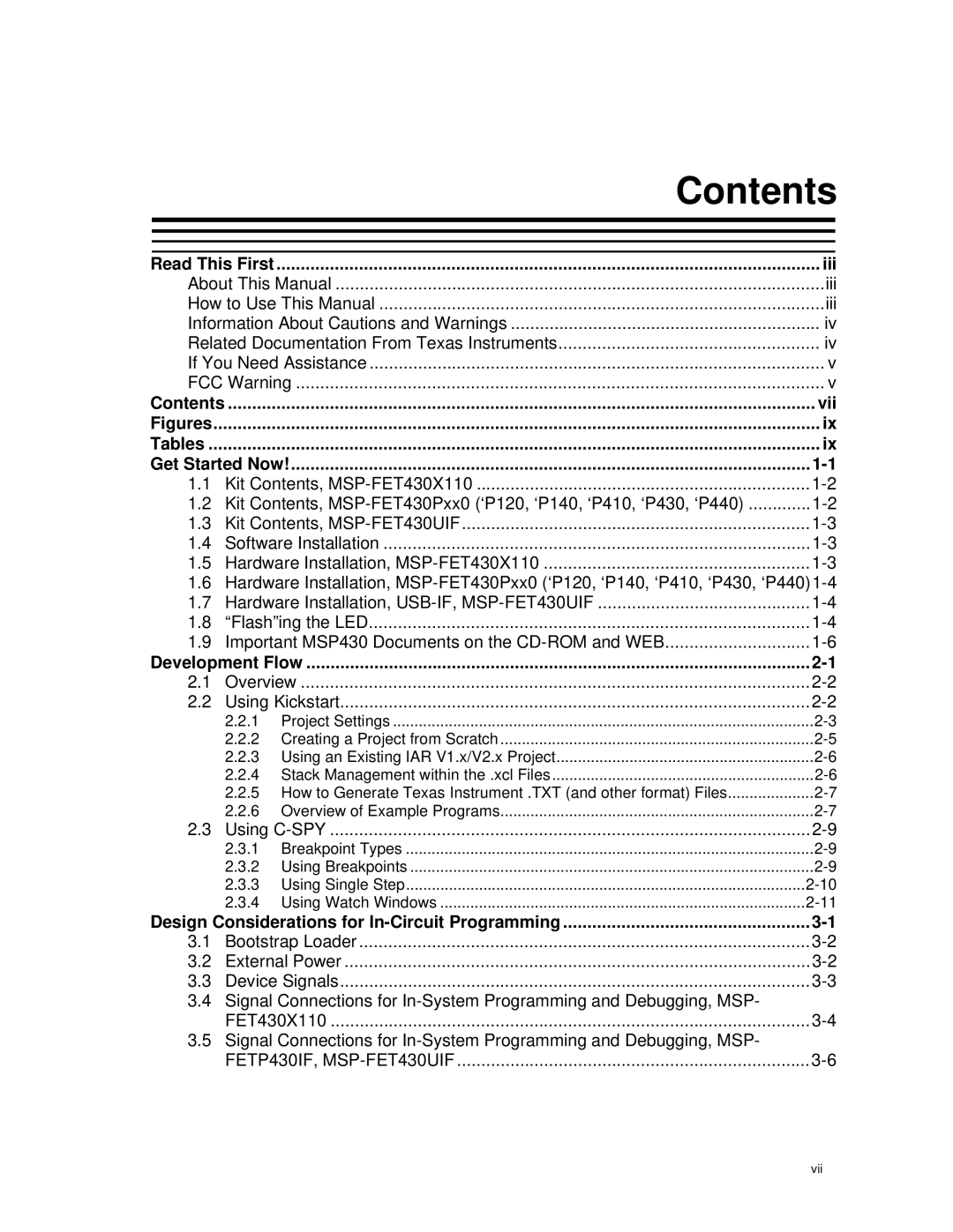 Texas Instruments MSP-FET430 manual Contents 