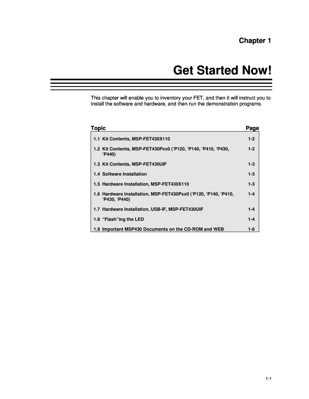 Texas Instruments MSP-FET430 manual Get Started Now, Chapter 