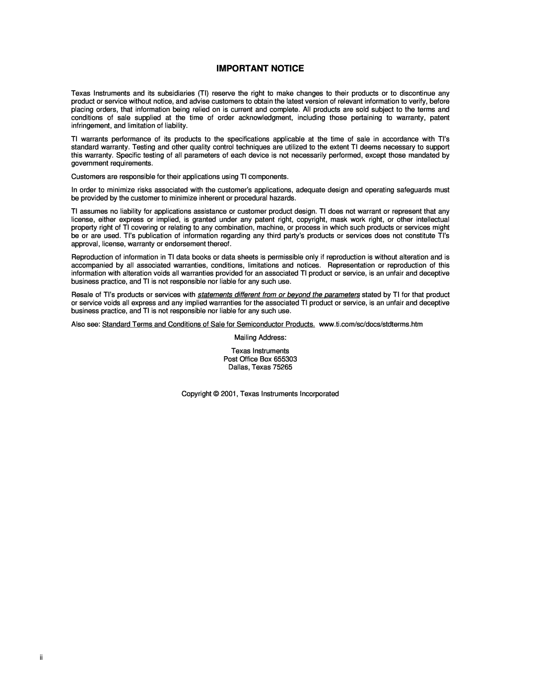 Texas Instruments MSP-FET430 manual Important Notice 