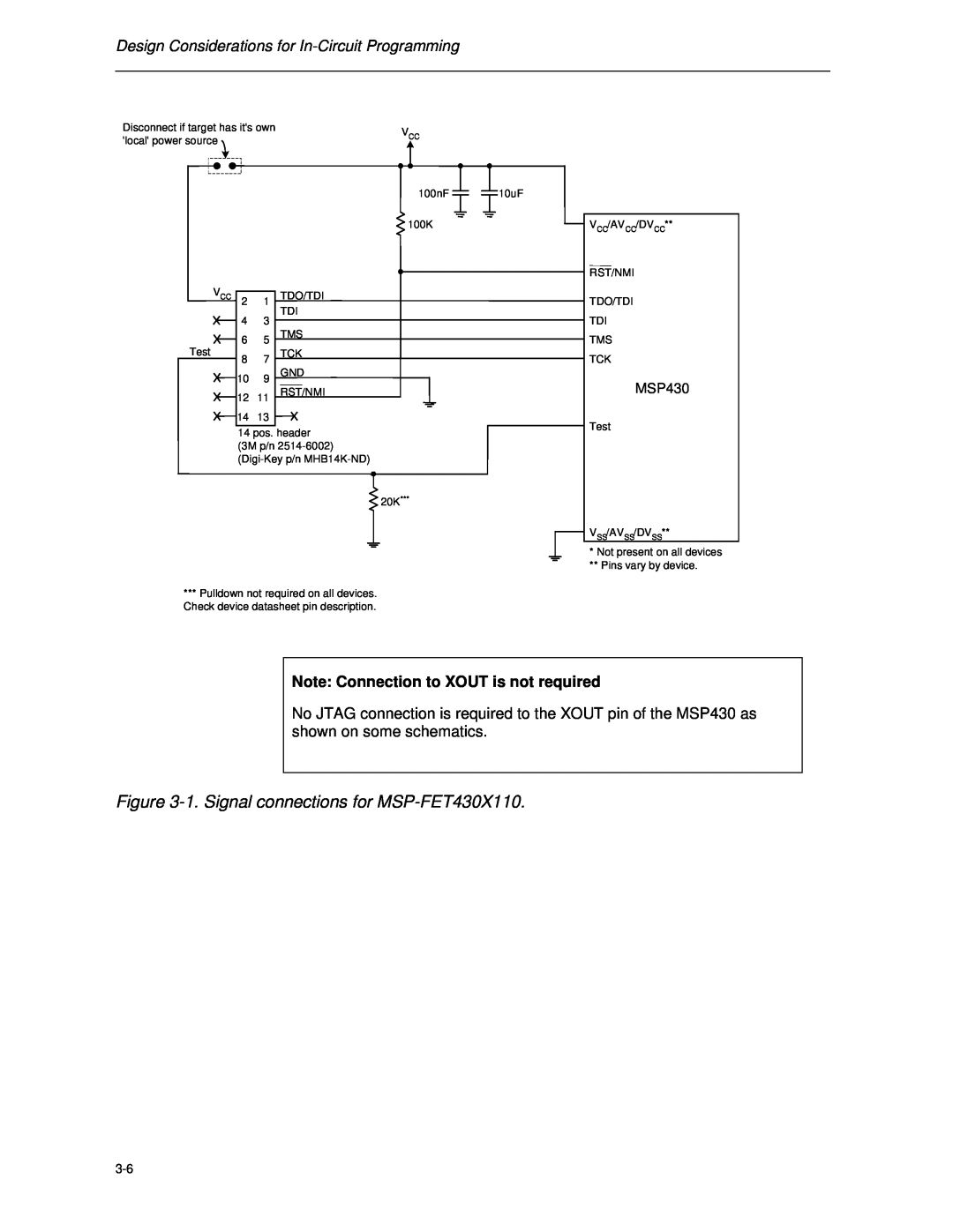 Texas Instruments manual 1. Signal connections for MSP-FET430X110, Design Considerations for In-Circuit Programming 