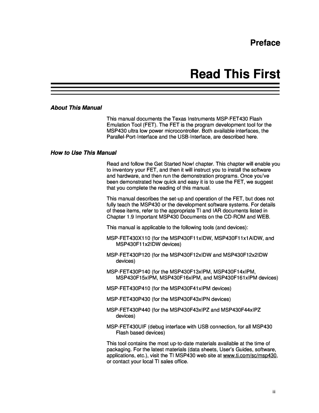 Texas Instruments MSP-FET430 manual Read This First, About This Manual, How to Use This Manual, Preface 