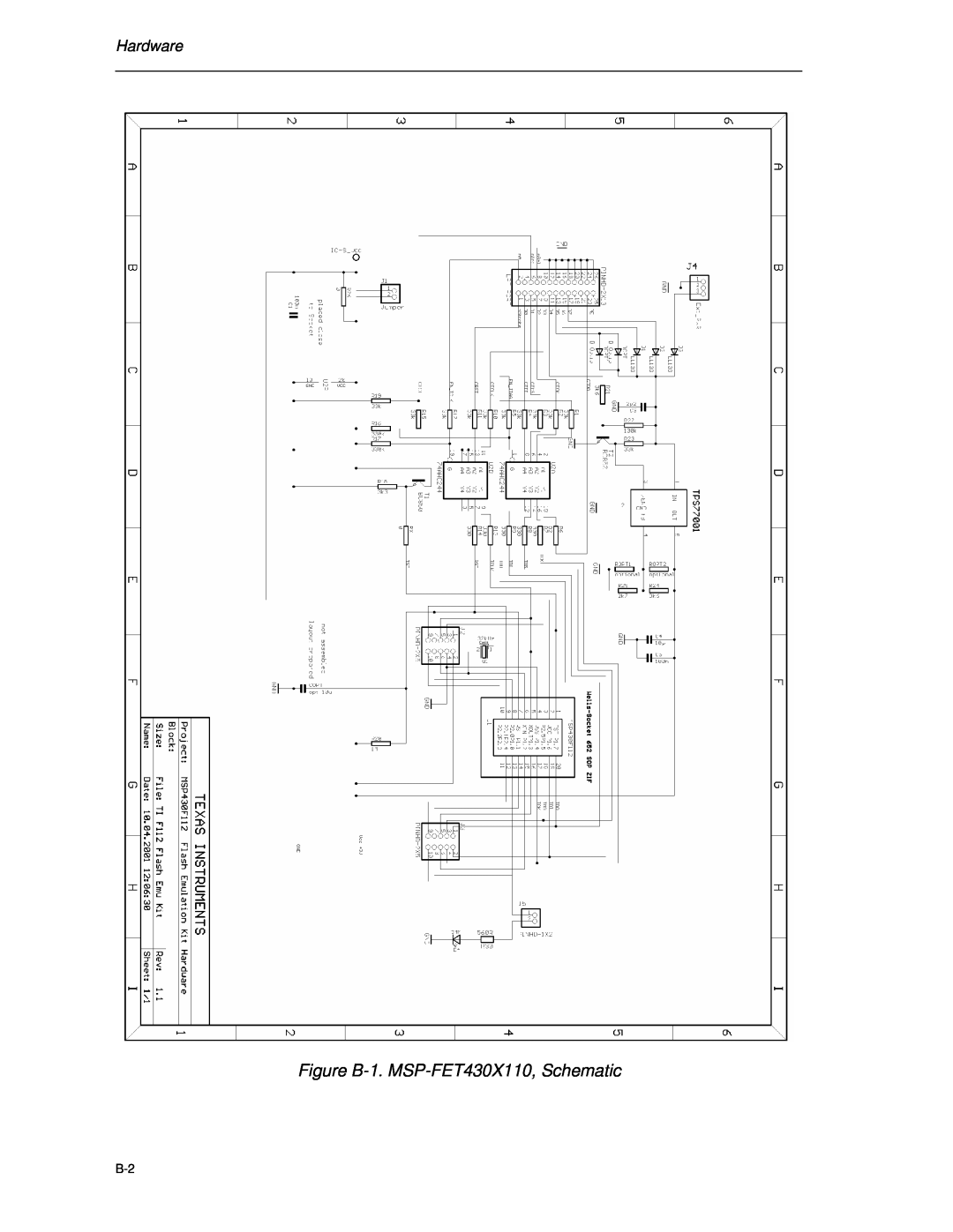 Texas Instruments manual Figure B-1. MSP-FET430X110, Schematic, Hardware 