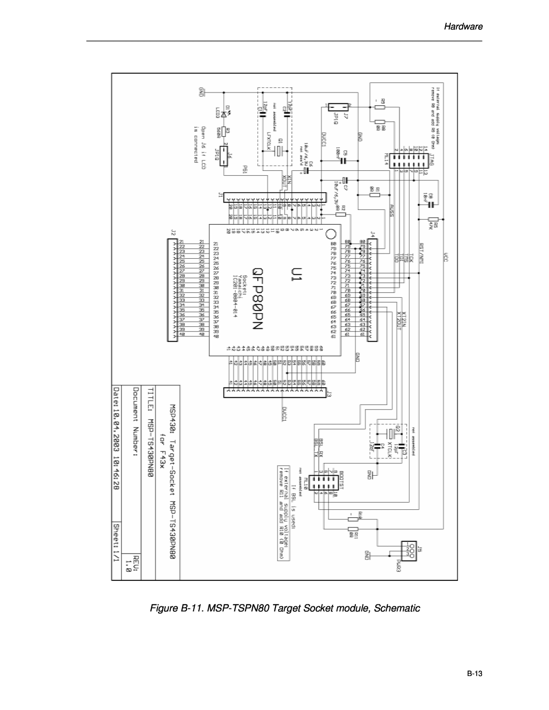 Texas Instruments MSP-FET430 manual Figure B-11. MSP-TSPN80 Target Socket module, Schematic, Hardware, B-13 