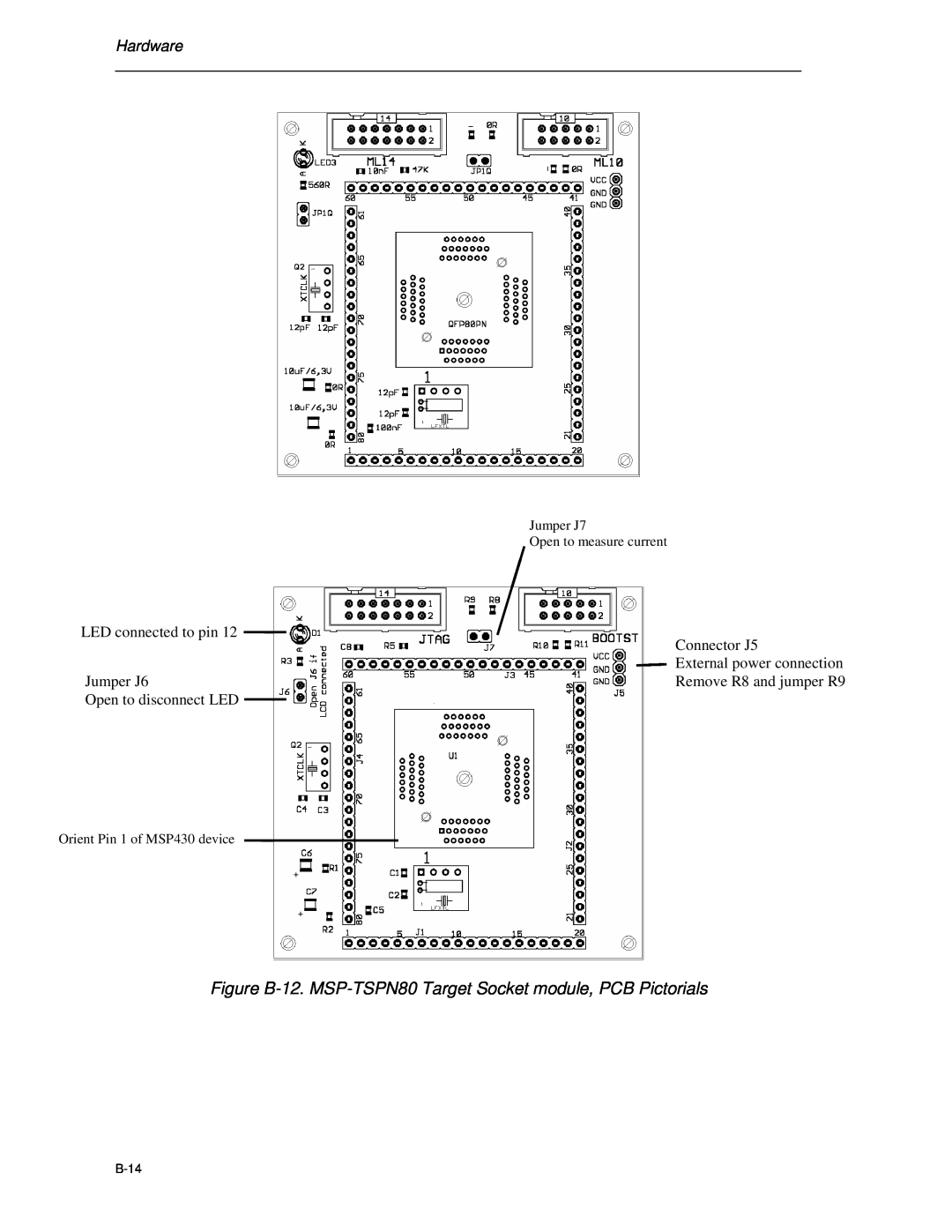 Texas Instruments MSP-FET430 manual Figure B-12. MSP-TSPN80 Target Socket module, PCB Pictorials, Hardware, B-14 