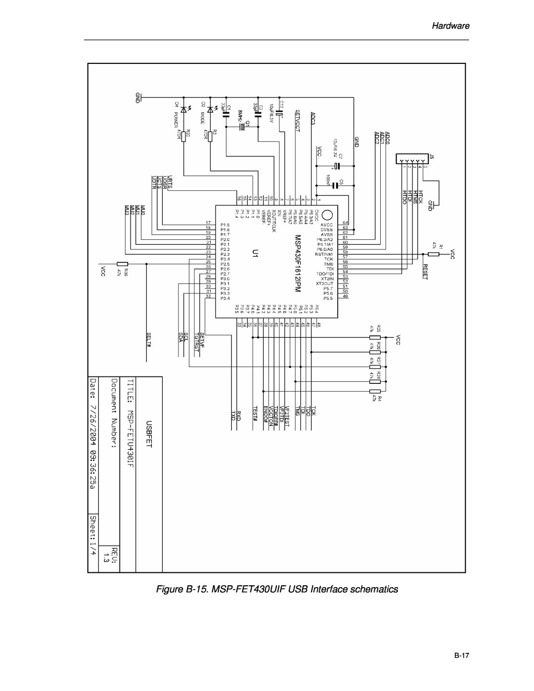 Texas Instruments manual Figure B-15. MSP-FET430UIF USB Interface schematics, Hardware, B-17 