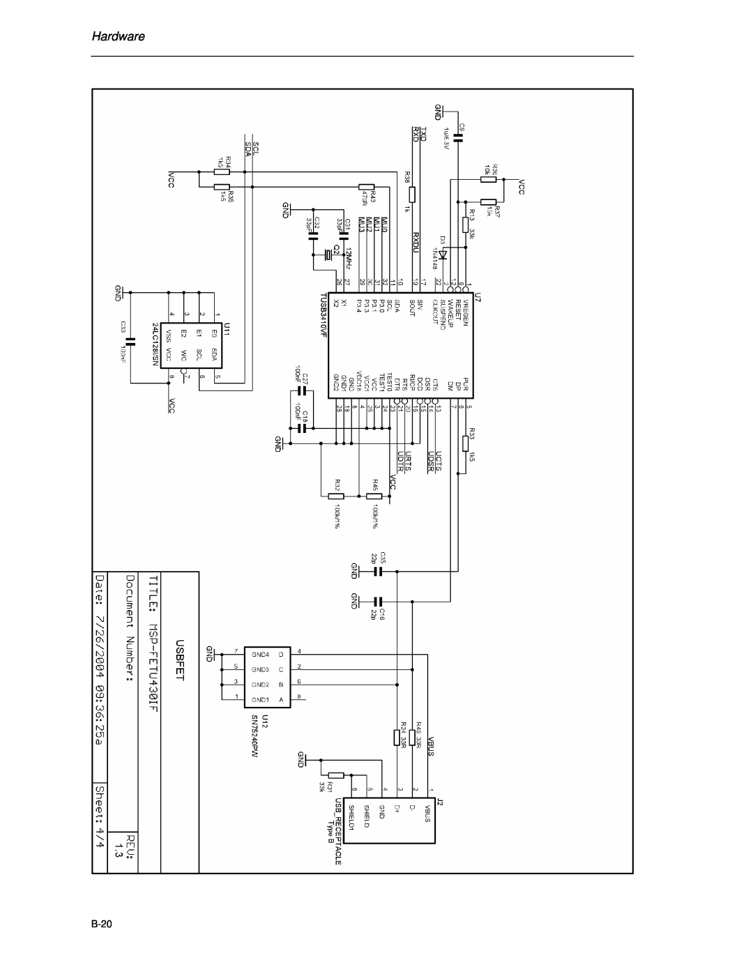 Texas Instruments MSP-FET430 manual Hardware, B-20 