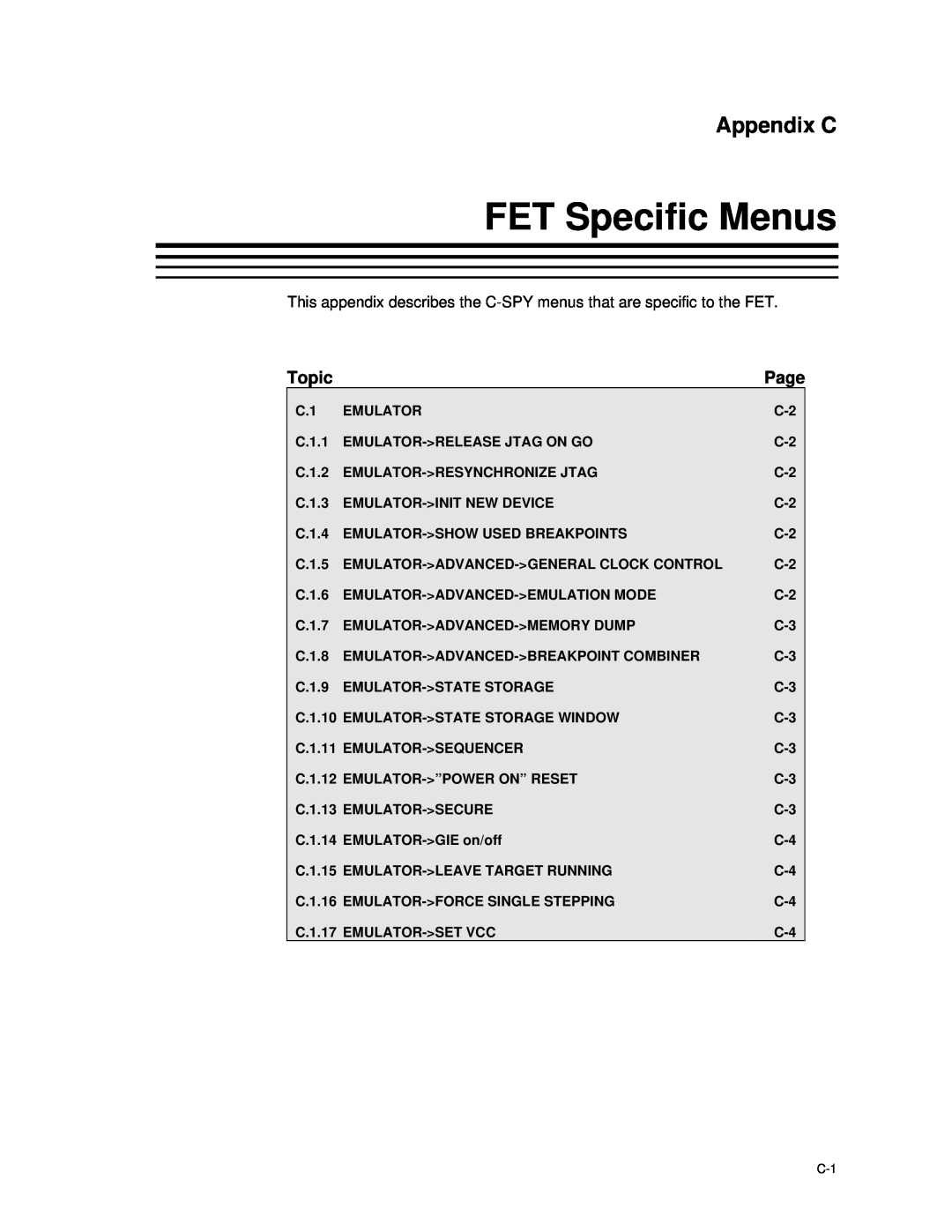Texas Instruments MSP-FET430 manual FET Specific Menus, Appendix C 