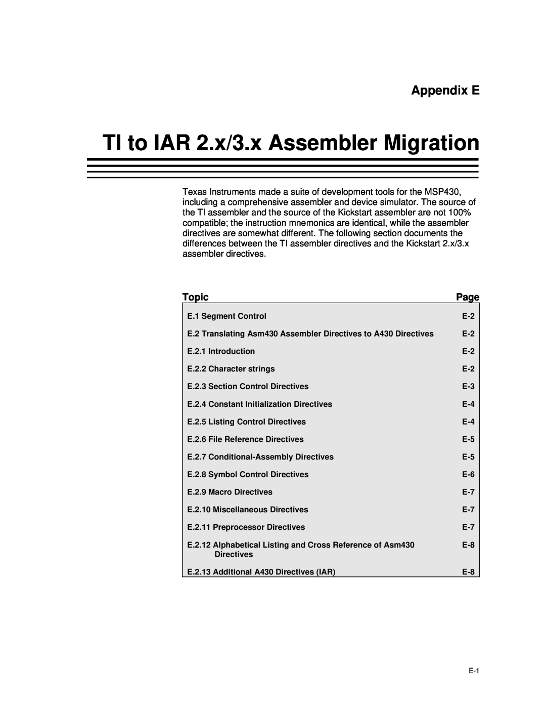 Texas Instruments MSP-FET430 manual TI to IAR 2.x/3.x Assembler Migration, Appendix E 