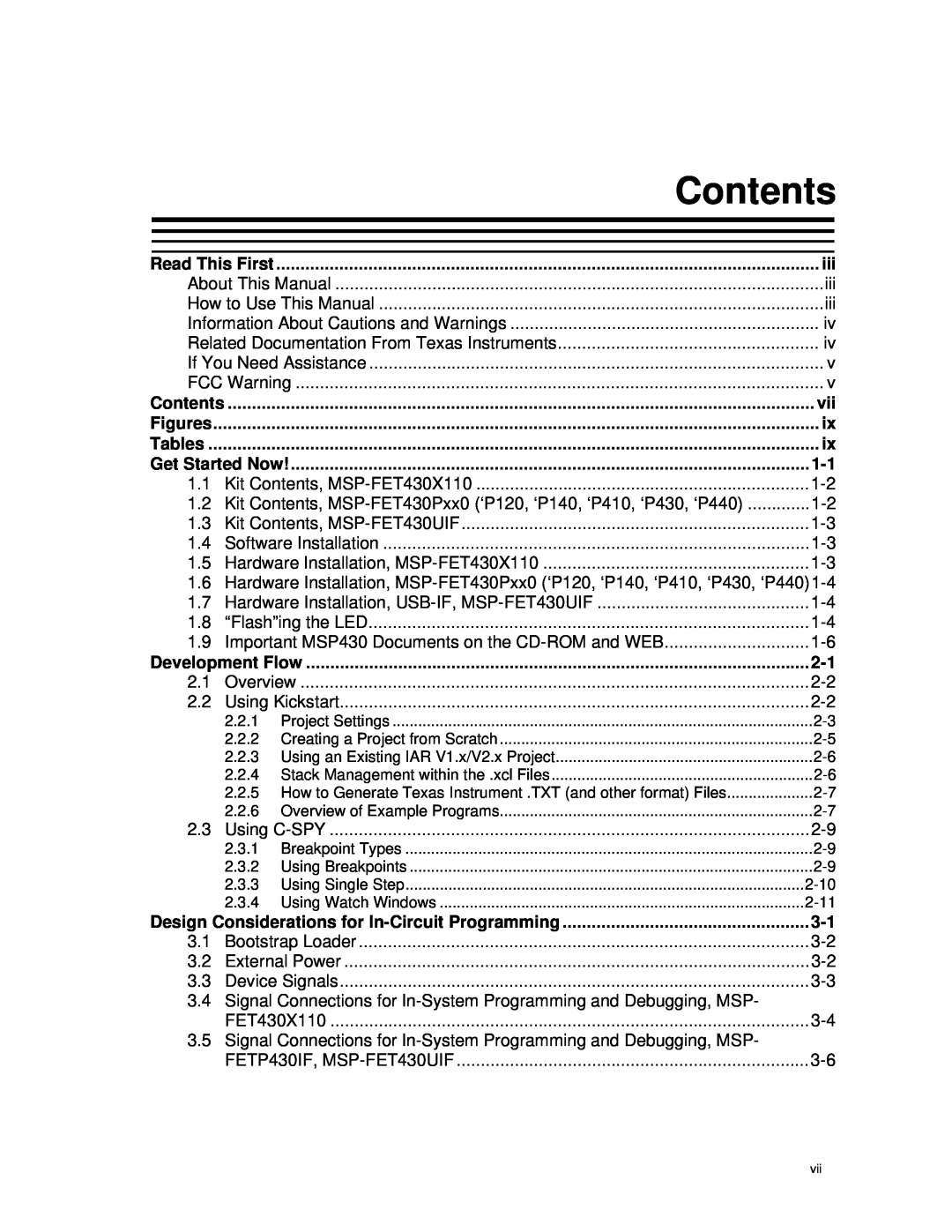 Texas Instruments MSP-FET430 manual Contents 
