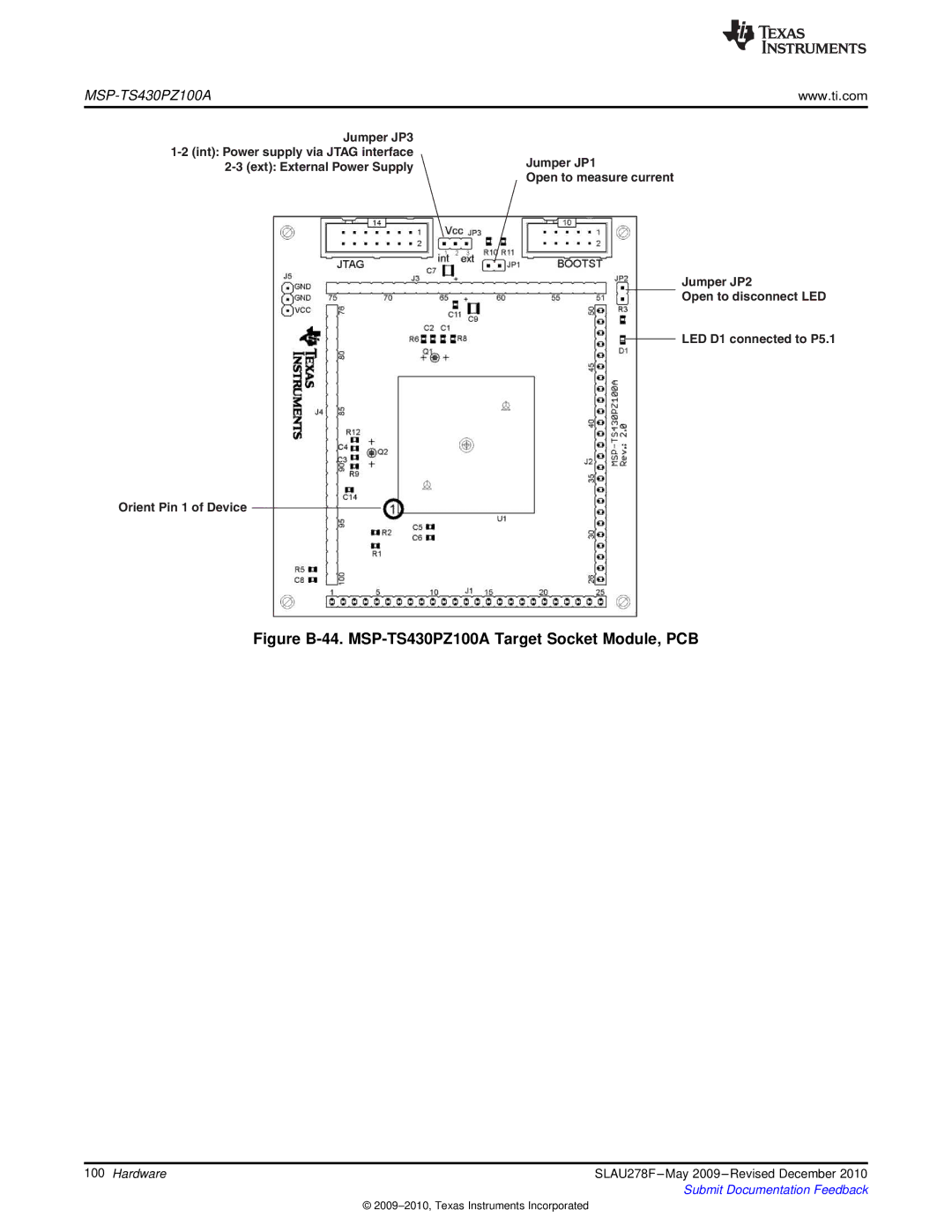 Texas Instruments MSP430 manual Figure B-44. MSP-TS430PZ100A Target Socket Module, PCB 