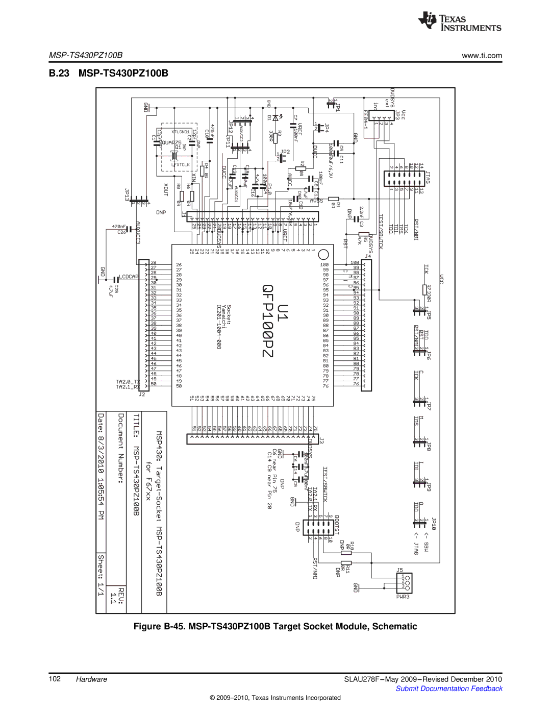 Texas Instruments MSP430 manual Figure B-45. MSP-TS430PZ100B Target Socket Module, Schematic 