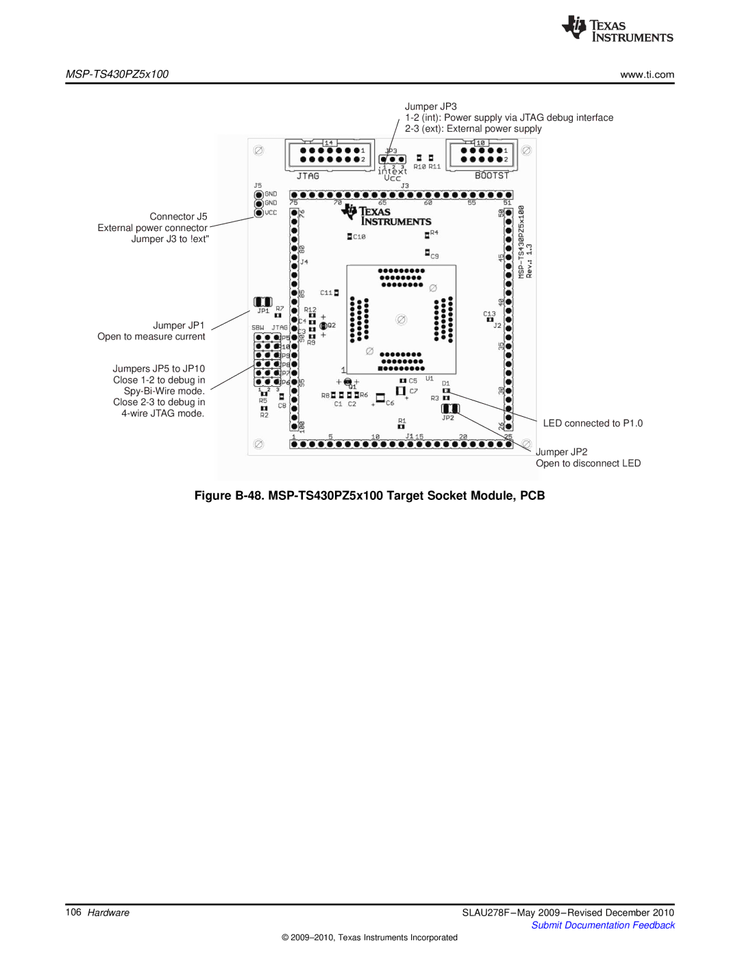 Texas Instruments MSP430 manual Figure B-48. MSP-TS430PZ5x100 Target Socket Module, PCB 