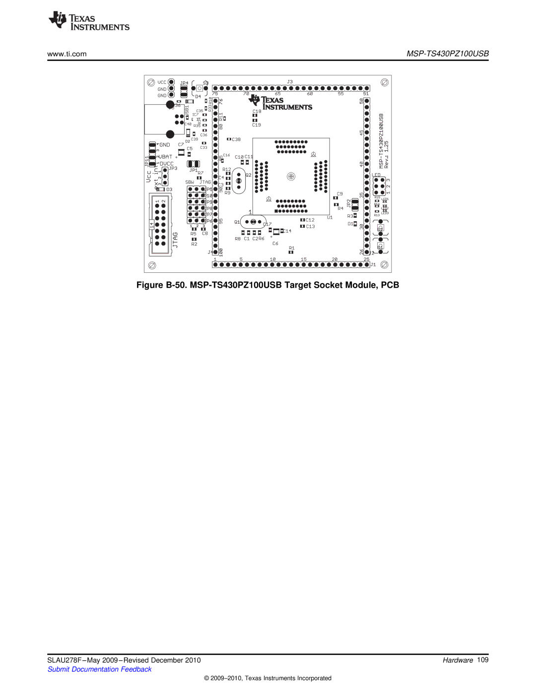 Texas Instruments MSP430 manual Figure B-50. MSP-TS430PZ100USB Target Socket Module, PCB 