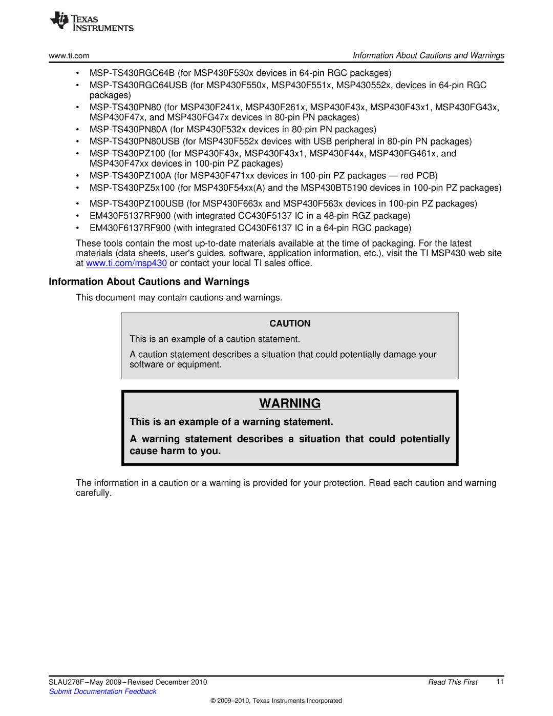 Texas Instruments MSP430 manual Information About Cautions and Warnings, This is an example of a warning statement 