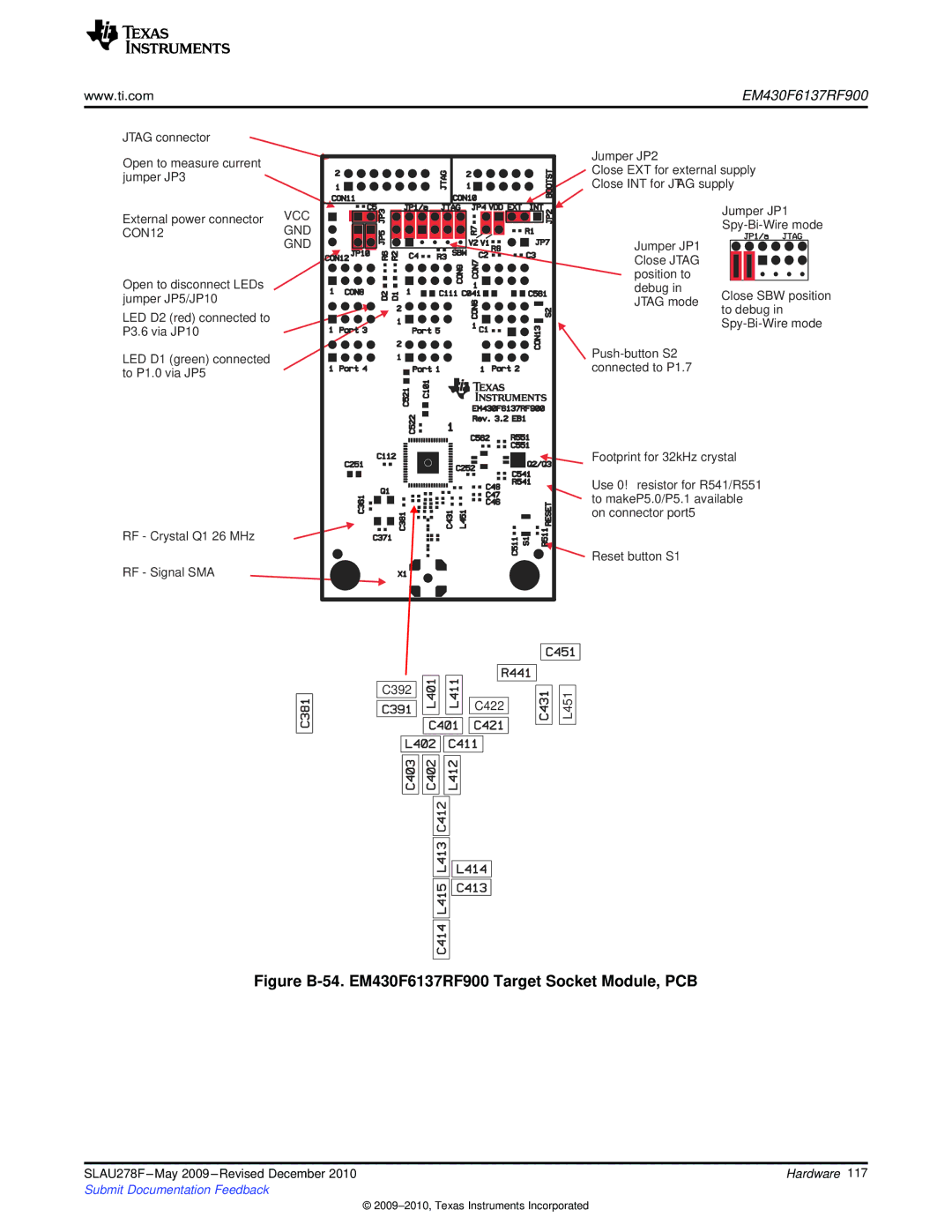 Texas Instruments MSP430 manual Figure B-54. EM430F6137RF900 Target Socket Module, PCB 