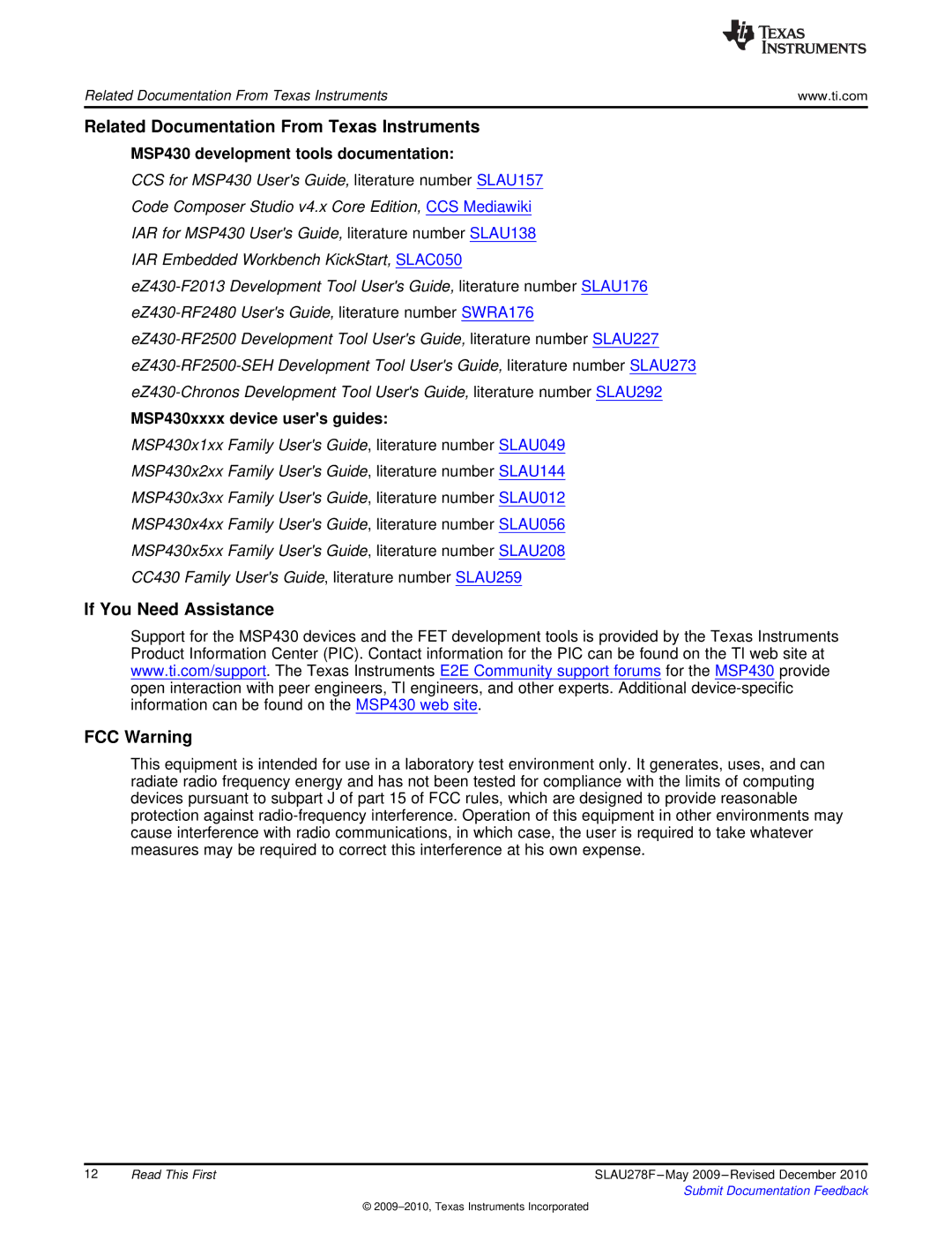 Texas Instruments MSP430 manual Related Documentation From Texas Instruments, If You Need Assistance FCC Warning 