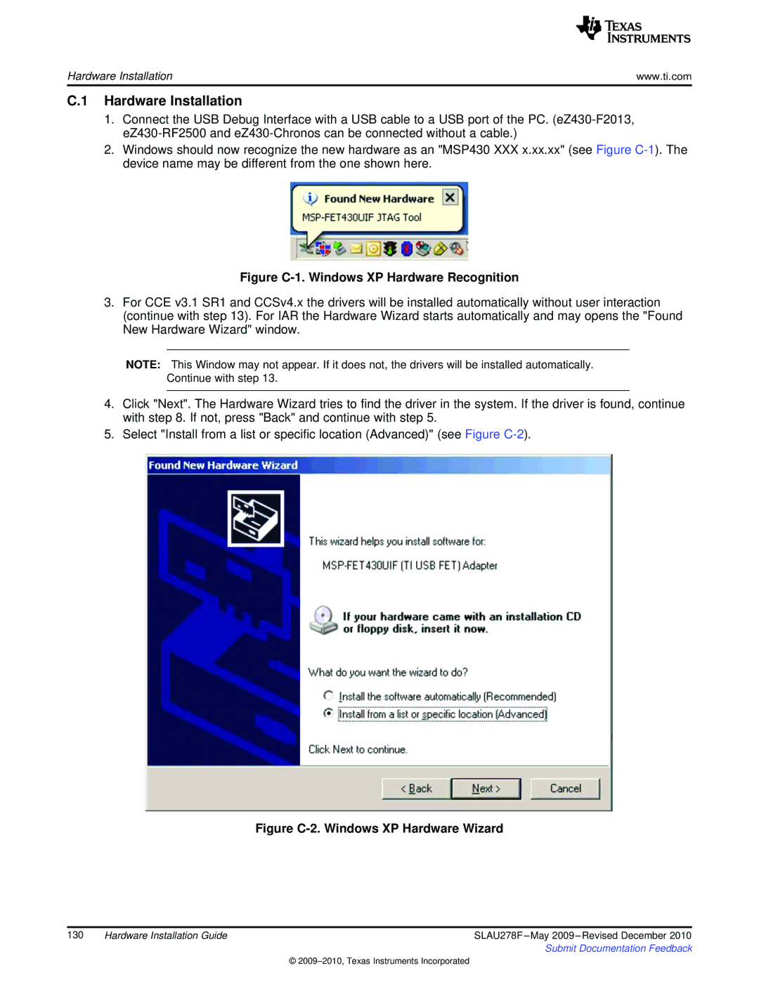 Texas Instruments MSP430 manual Hardware Installation, Figure C-1. Windows XP Hardware Recognition 