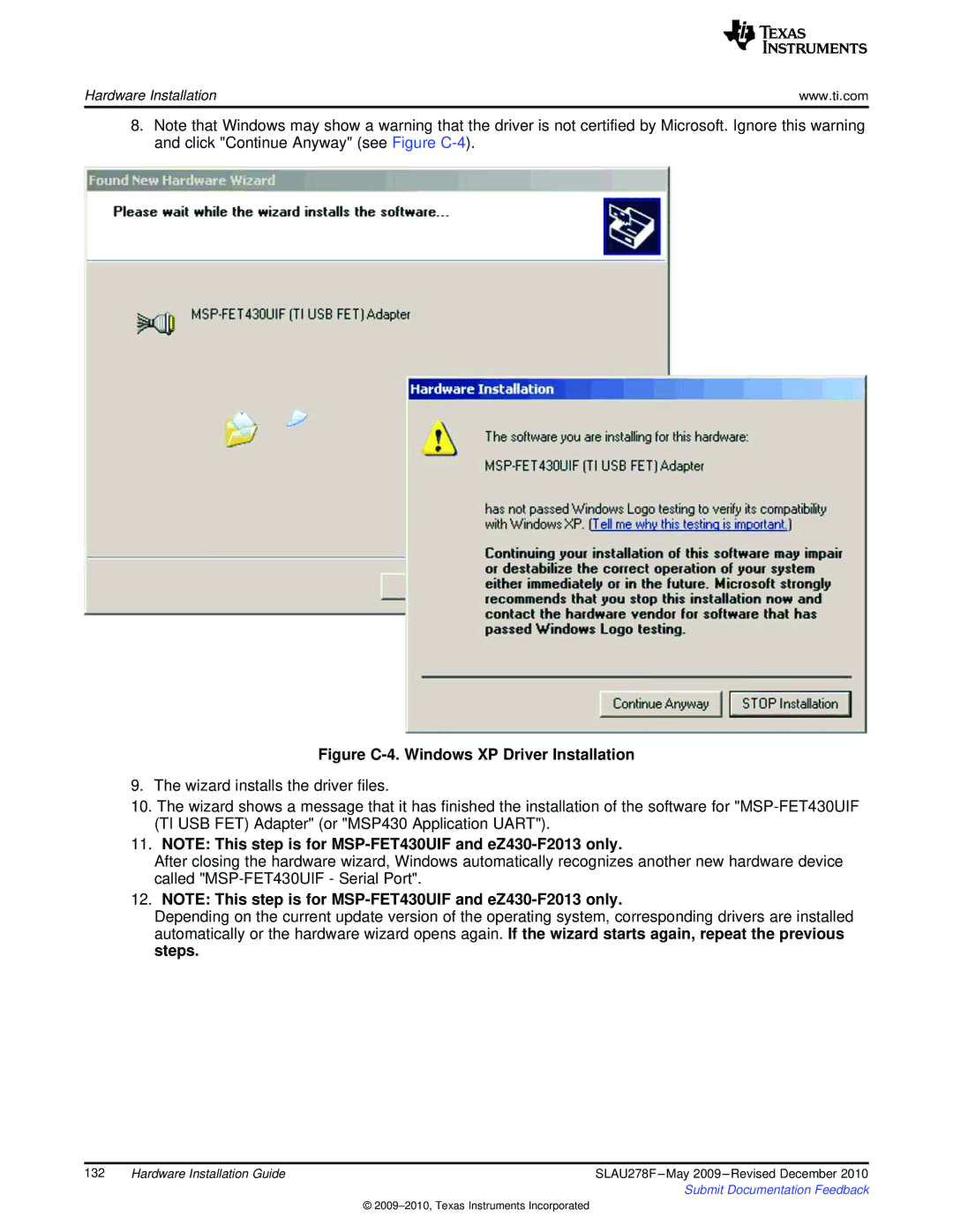 Texas Instruments MSP430 manual Figure C-4. Windows XP Driver Installation 