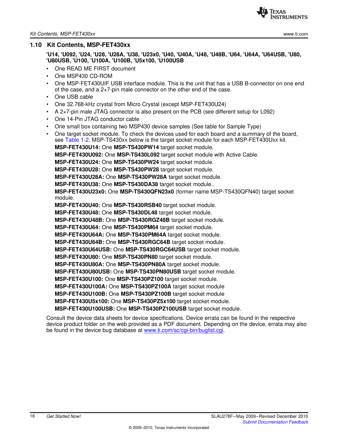 Texas Instruments MSP430 manual Kit Contents, MSP-FET430xx 