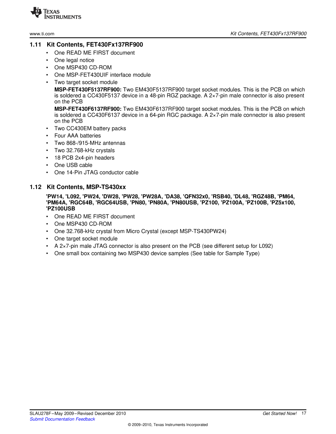 Texas Instruments MSP430 manual Kit Contents, FET430Fx137RF900, Kit Contents, MSP-TS430xx 