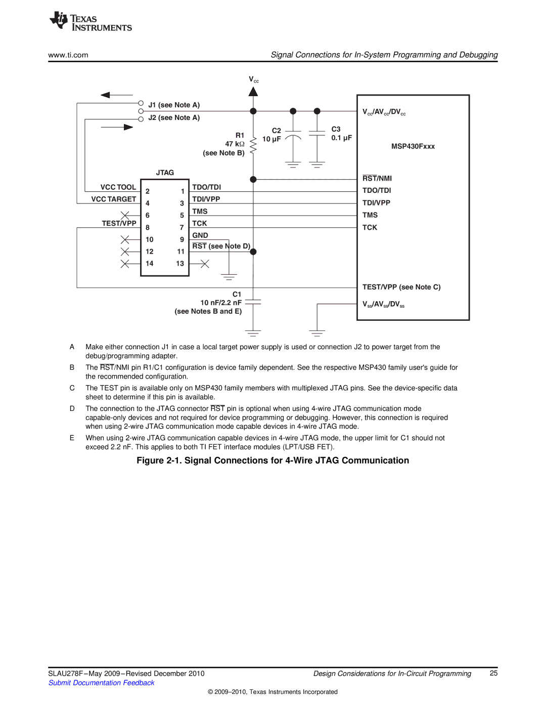 Texas Instruments MSP430 manual 10 µF 47 KΩ, 10 NF/2.2 NF 