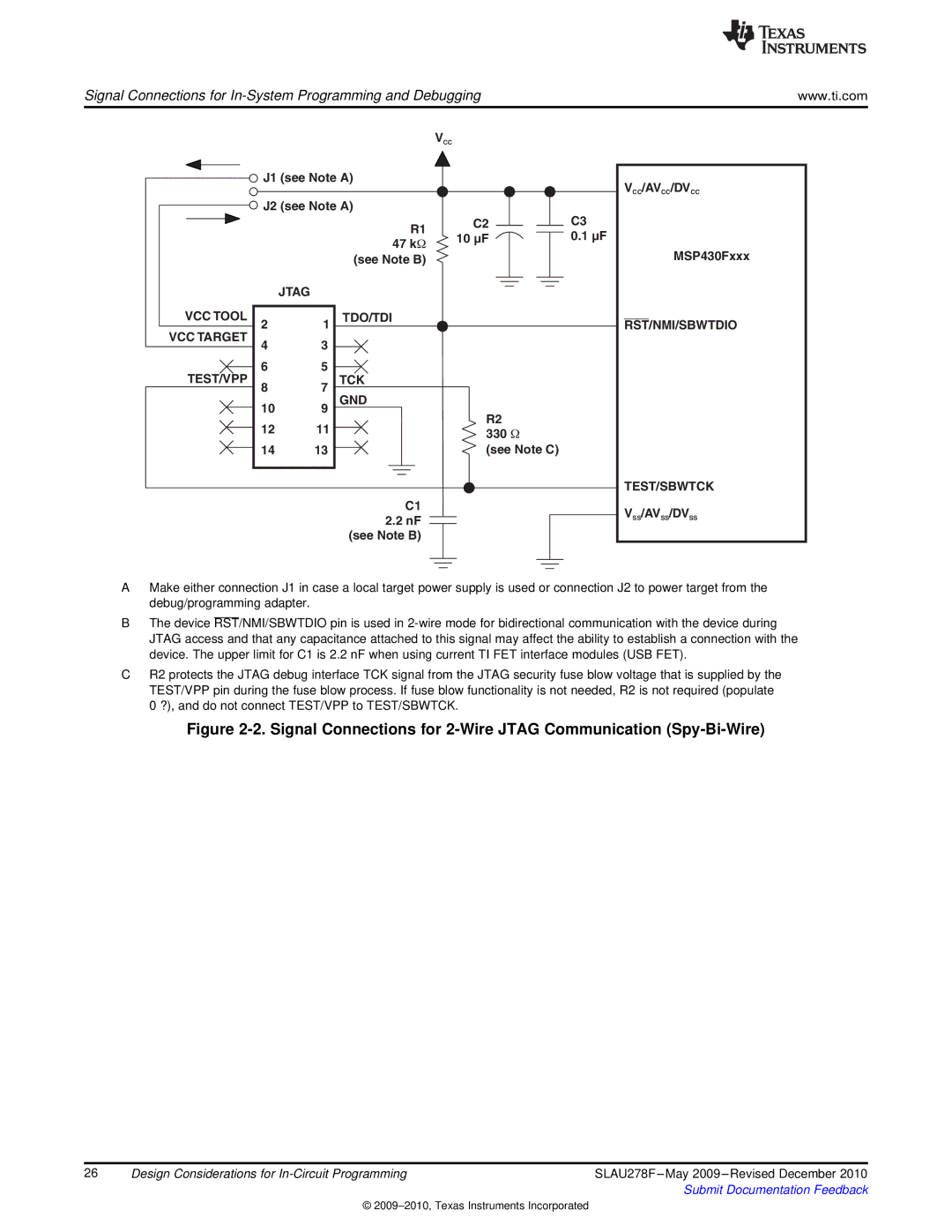 Texas Instruments MSP430 manual Signal Connections for 2-Wire Jtag Communication Spy-Bi-Wire, 330 Ω 