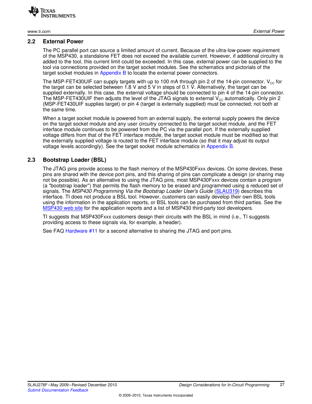 Texas Instruments MSP430 manual External Power, Bootstrap Loader BSL 