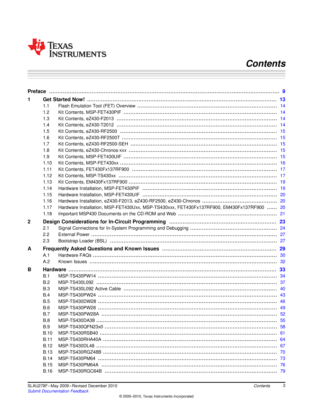 Texas Instruments MSP430 manual Contents 