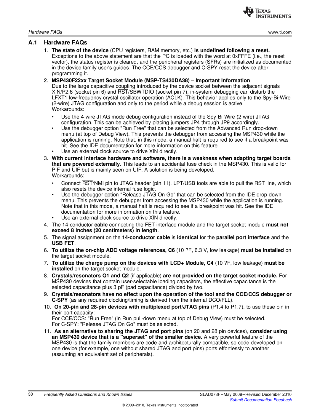 Texas Instruments MSP430 manual Hardware FAQs, Usb Fet 