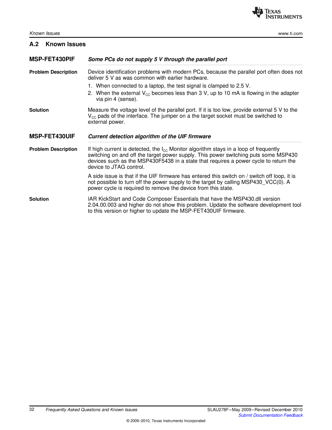 Texas Instruments MSP430 manual Known Issues, MSP-FET430UIF 