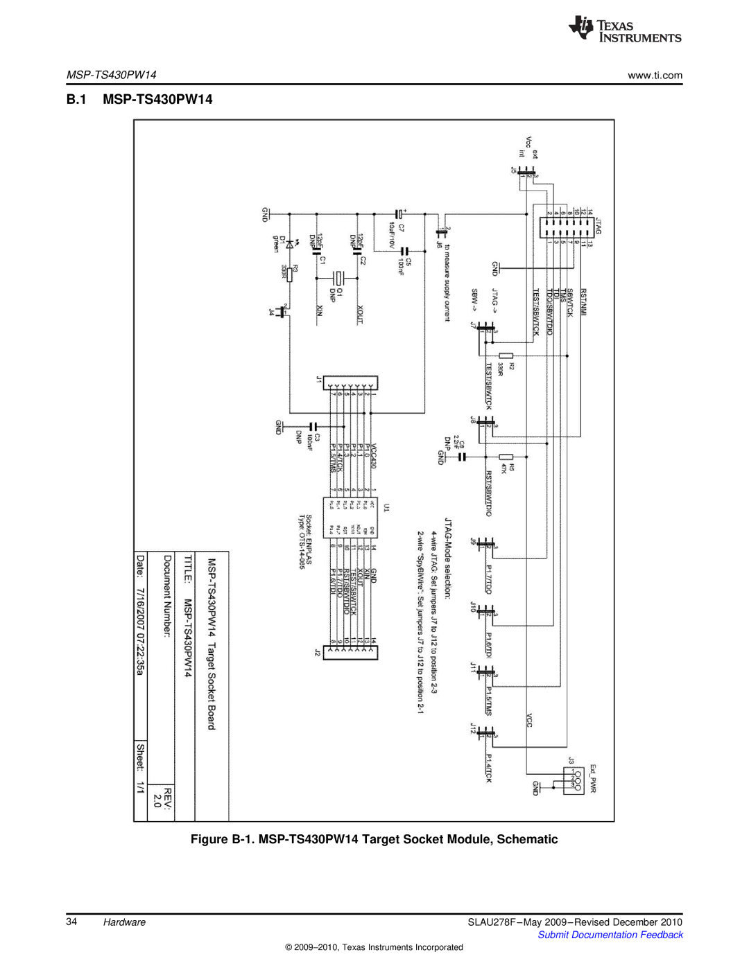 Texas Instruments MSP430 manual Figure B-1. MSP-TS430PW14 Target Socket Module, Schematic 