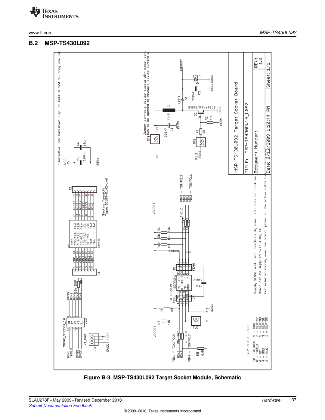 Texas Instruments MSP430 manual Figure B-3. MSP-TS430L092 Target Socket Module, Schematic 