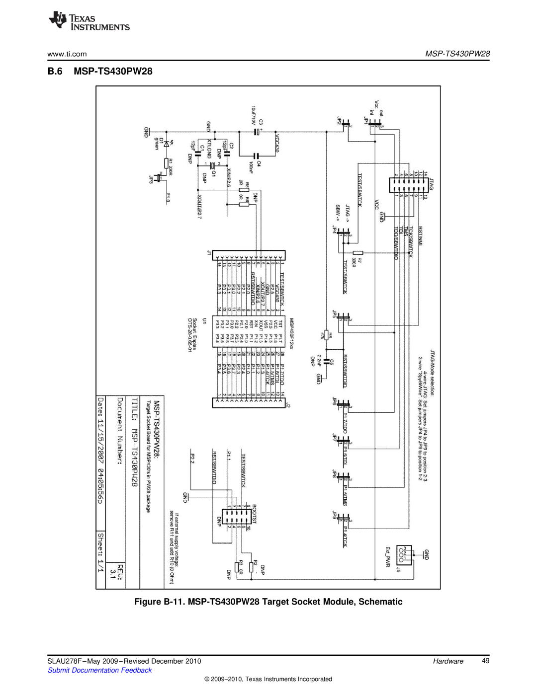 Texas Instruments MSP430 manual Figure B-11. MSP-TS430PW28 Target Socket Module, Schematic 