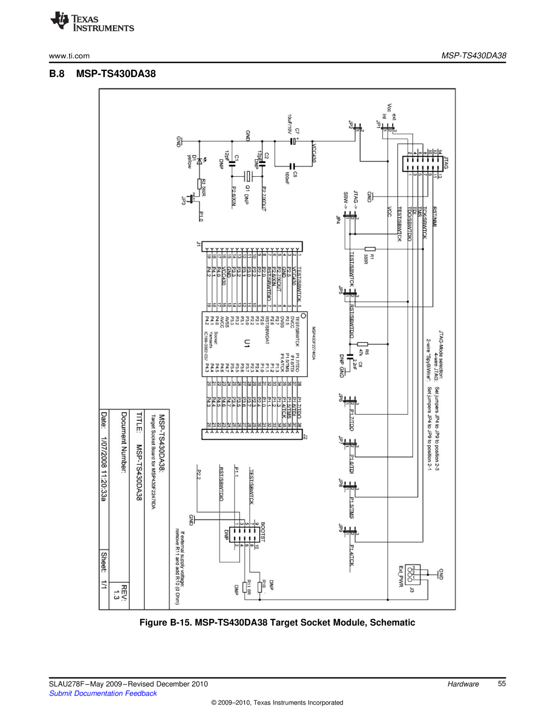 Texas Instruments MSP430 manual Figure B-15. MSP-TS430DA38 Target Socket Module, Schematic 