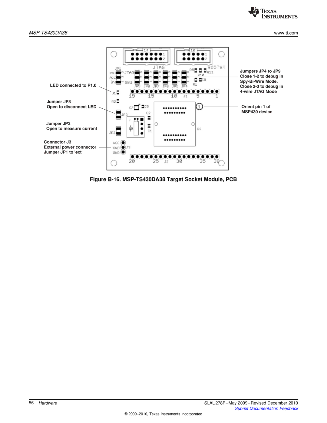 Texas Instruments manual Figure B-16. MSP-TS430DA38 Target Socket Module, PCB, Orient pin 1 MSP430 device 