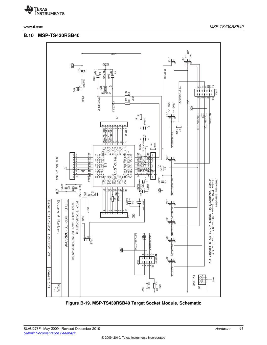 Texas Instruments MSP430 manual Figure B-19. MSP-TS430RSB40 Target Socket Module, Schematic 