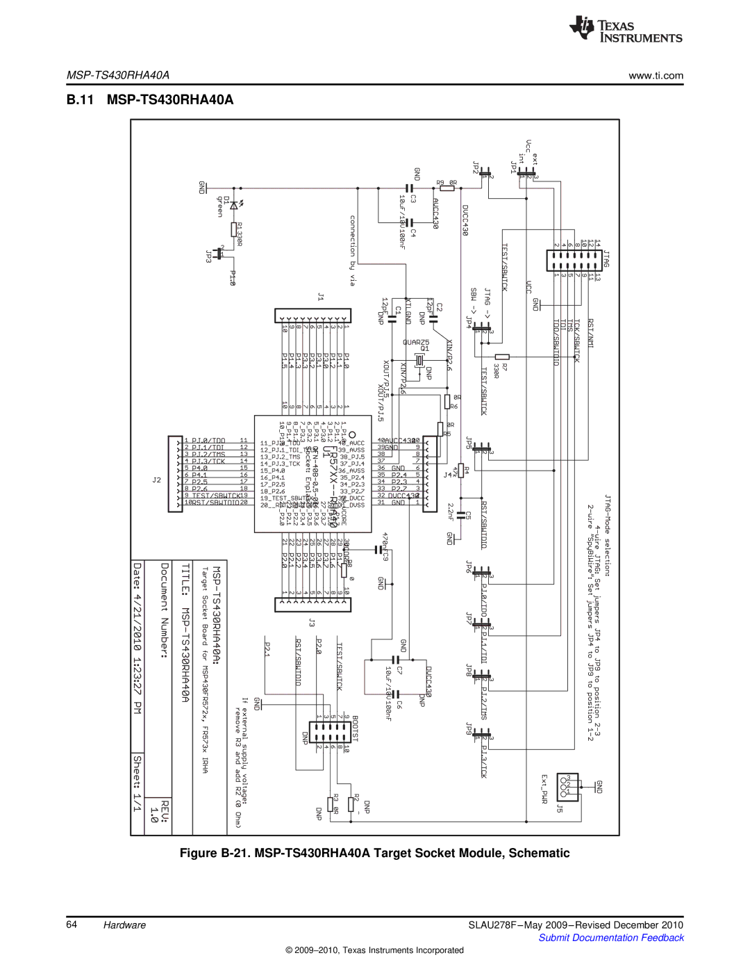 Texas Instruments MSP430 manual Figure B-21. MSP-TS430RHA40A Target Socket Module, Schematic 