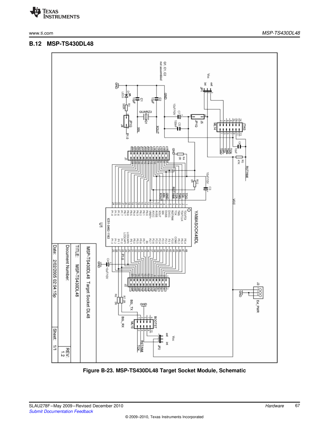 Texas Instruments MSP430 manual Figure B-23. MSP-TS430DL48 Target Socket Module, Schematic 