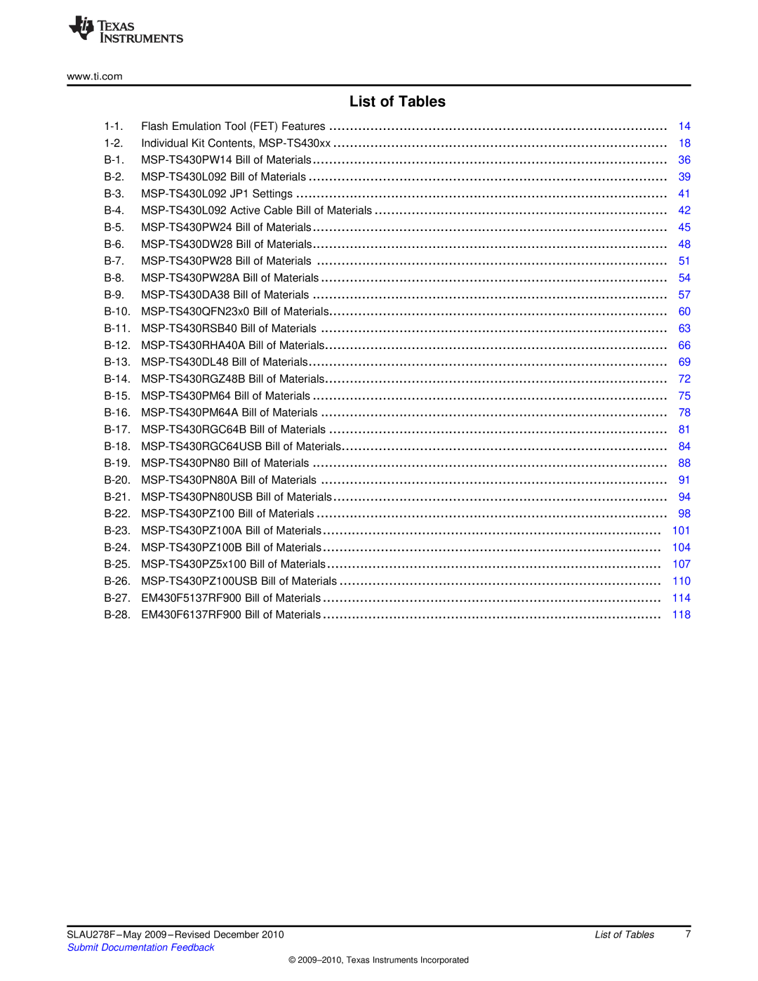 Texas Instruments MSP430 manual List of Tables 