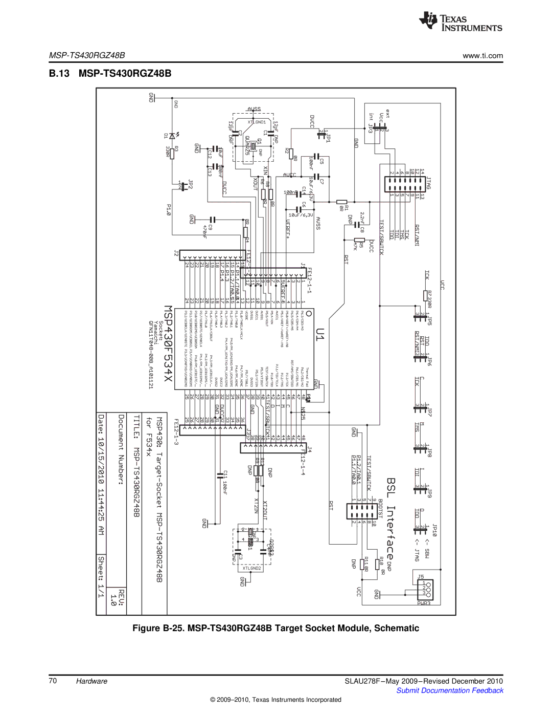 Texas Instruments MSP430 manual Figure B-25. MSP-TS430RGZ48B Target Socket Module, Schematic 