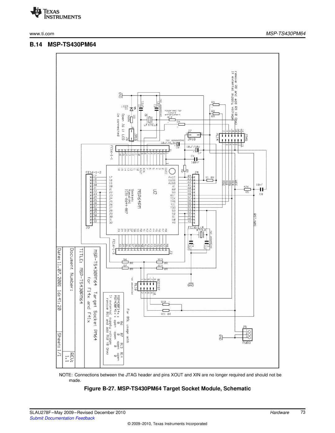 Texas Instruments MSP430 manual Figure B-27. MSP-TS430PM64 Target Socket Module, Schematic 