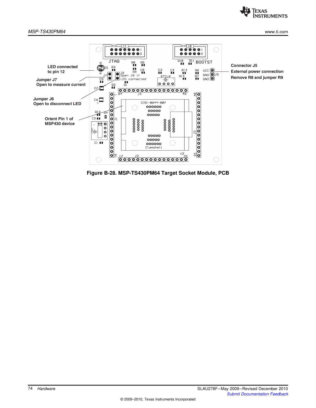 Texas Instruments MSP430 manual Figure B-28. MSP-TS430PM64 Target Socket Module, PCB, LED connected Connector J5 To pin 