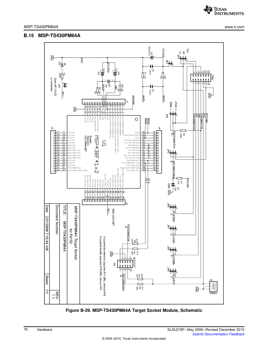 Texas Instruments MSP430 manual Figure B-29. MSP-TS430PM64A Target Socket Module, Schematic 