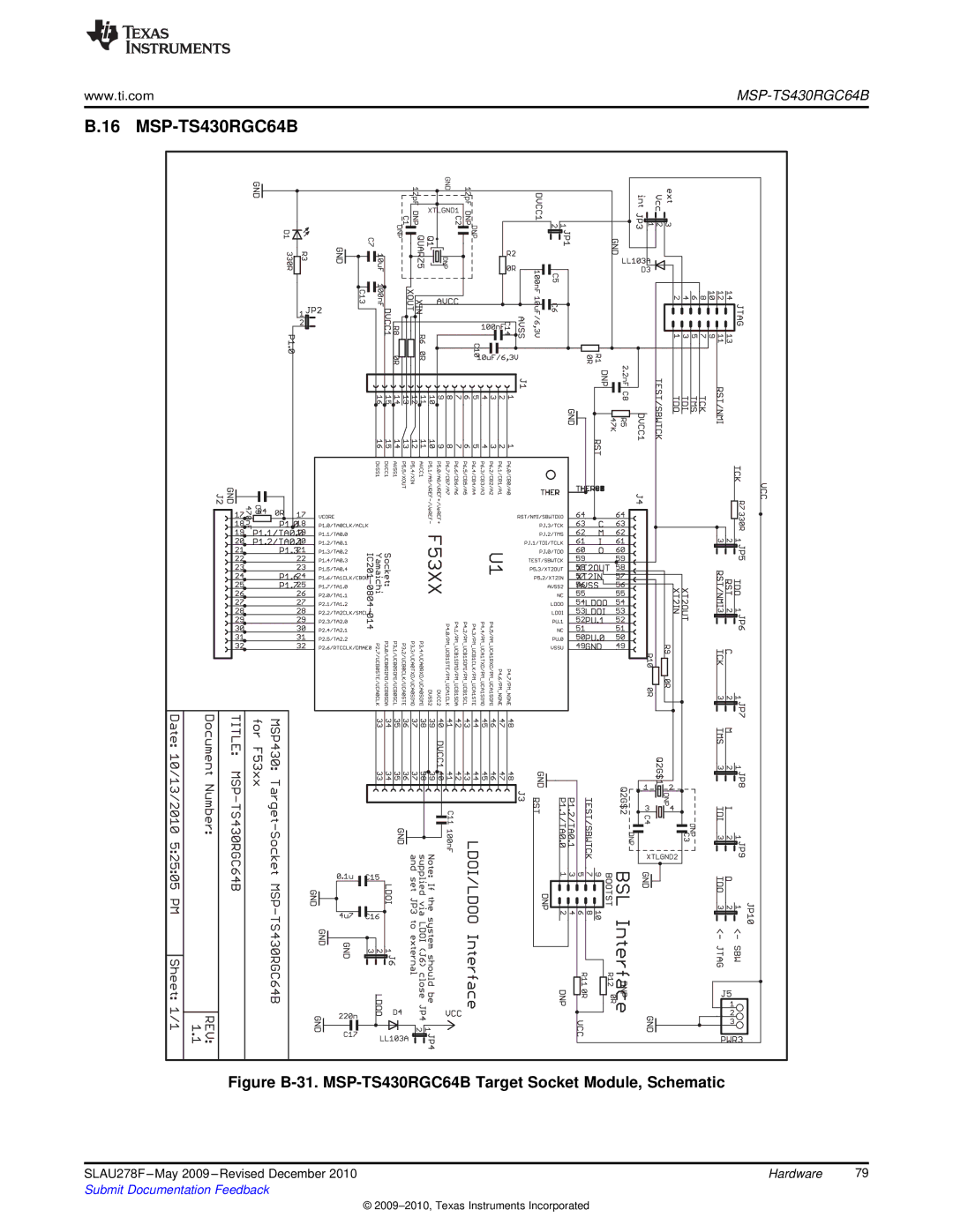 Texas Instruments MSP430 manual Figure B-31. MSP-TS430RGC64B Target Socket Module, Schematic 