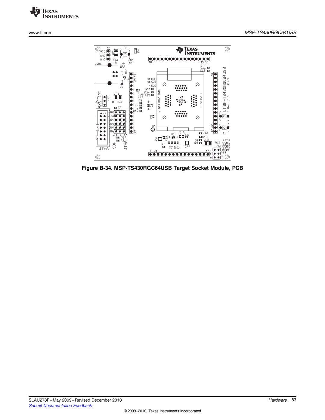 Texas Instruments MSP430 manual Figure B-34. MSP-TS430RGC64USB Target Socket Module, PCB 