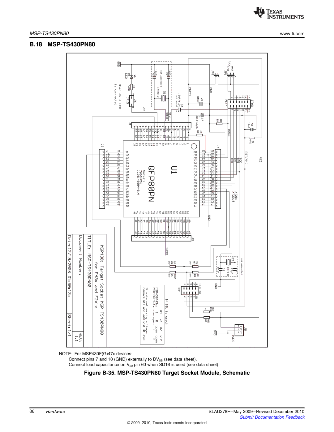 Texas Instruments MSP430 manual Figure B-35. MSP-TS430PN80 Target Socket Module, Schematic 