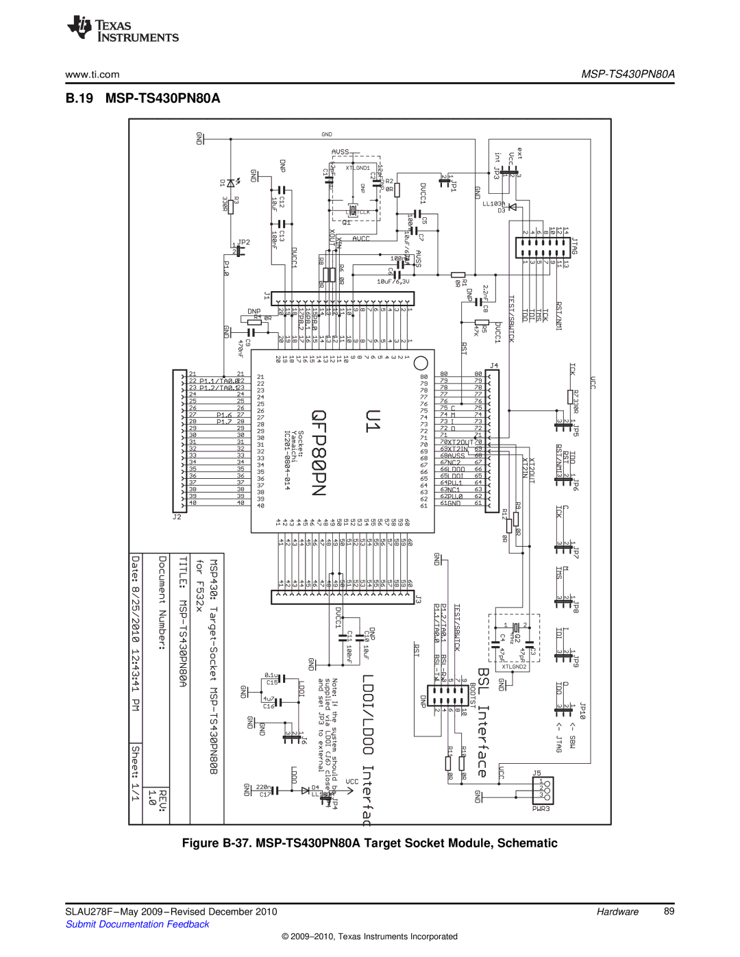 Texas Instruments MSP430 manual Figure B-37. MSP-TS430PN80A Target Socket Module, Schematic 