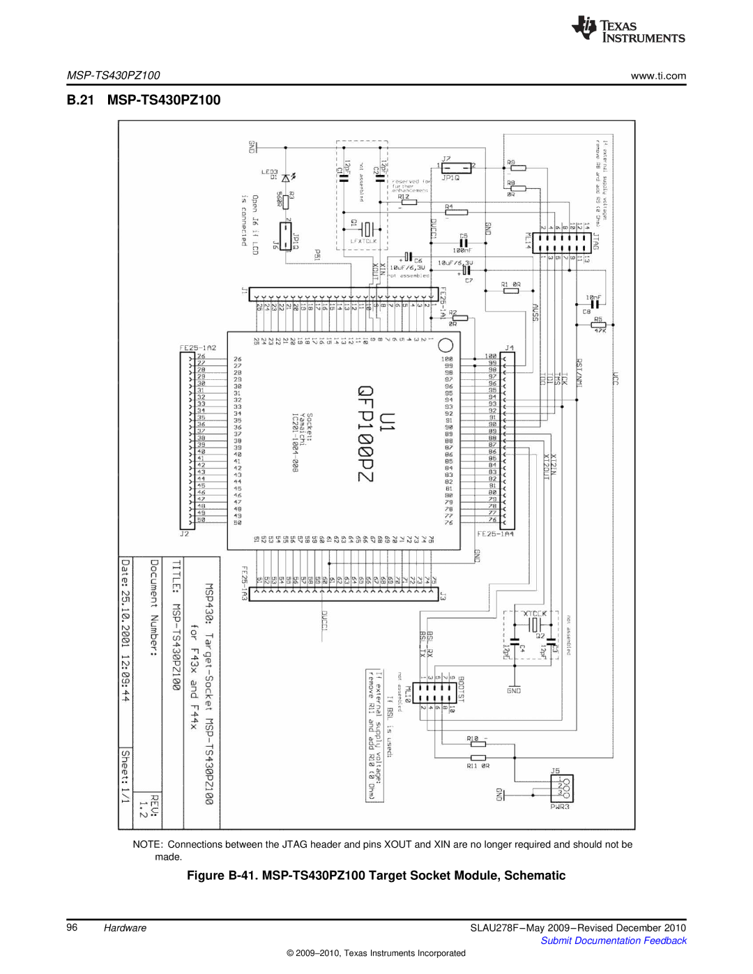 Texas Instruments MSP430 manual Figure B-41. MSP-TS430PZ100 Target Socket Module, Schematic 