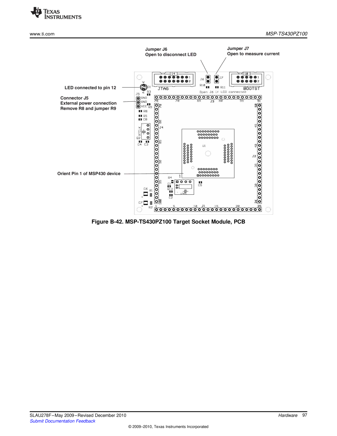 Texas Instruments MSP430 manual Figure B-42. MSP-TS430PZ100 Target Socket Module, PCB 