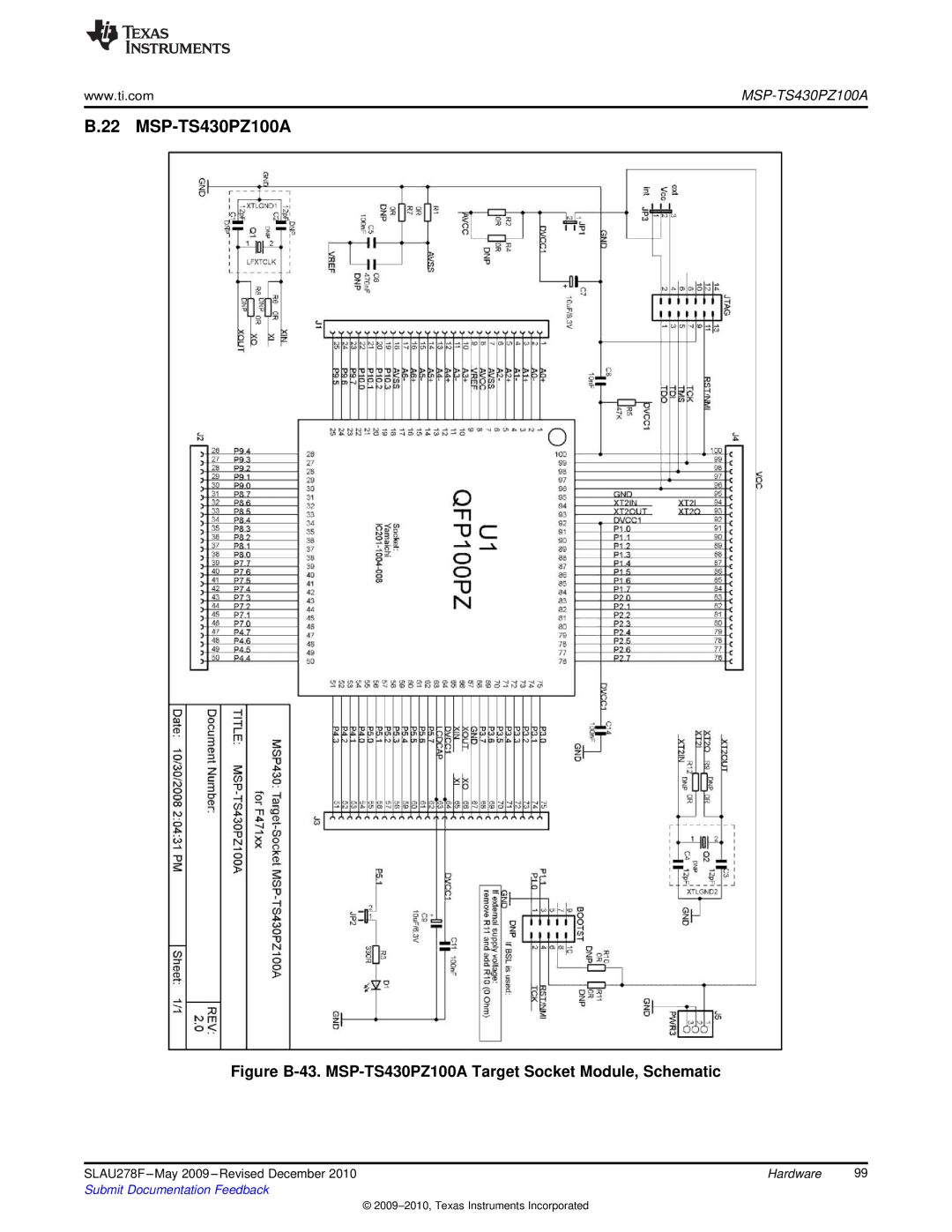 Texas Instruments MSP430 manual Figure B-43. MSP-TS430PZ100A Target Socket Module, Schematic 